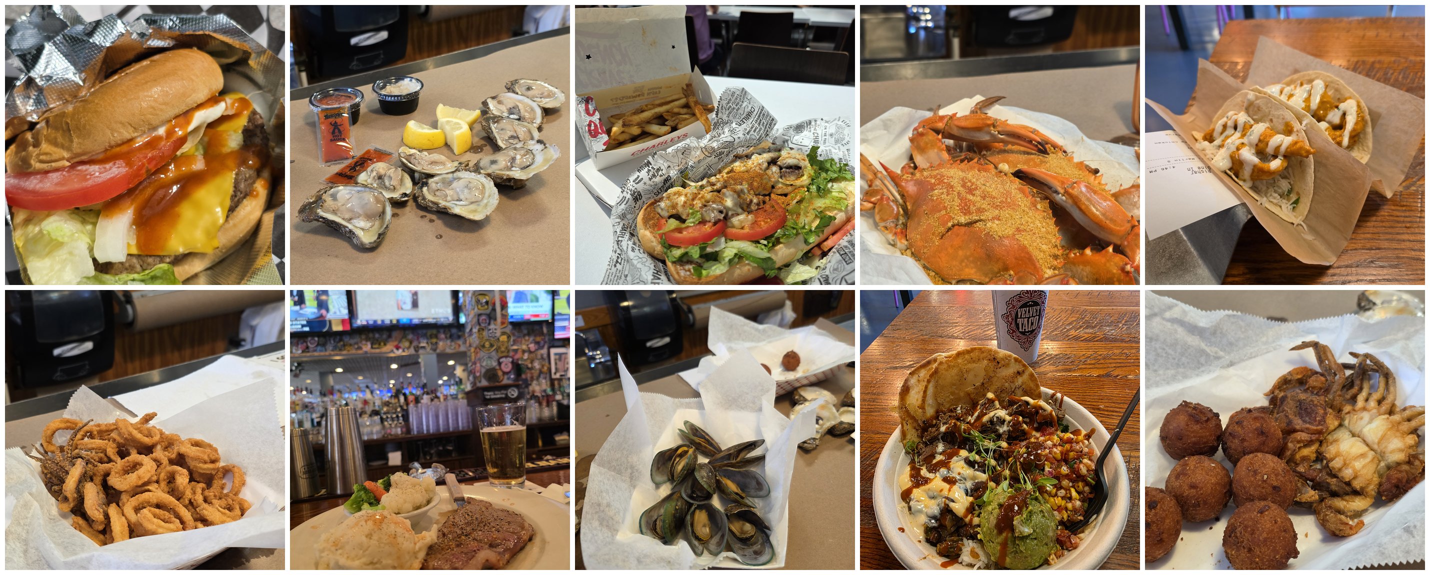 A ten-photo grid of food from the trip: cheeseburger, oysters, Philly cheesesteak, Old Bay blue crab, butter-chicken tacos, fried calamari, steak, mussels, a taco bowl, and soft-shell crab with hush puppies