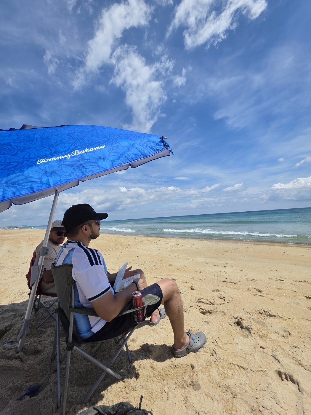 Sitting under a beach umbrella on the Outer Banks sand, looking out at the Atlantic